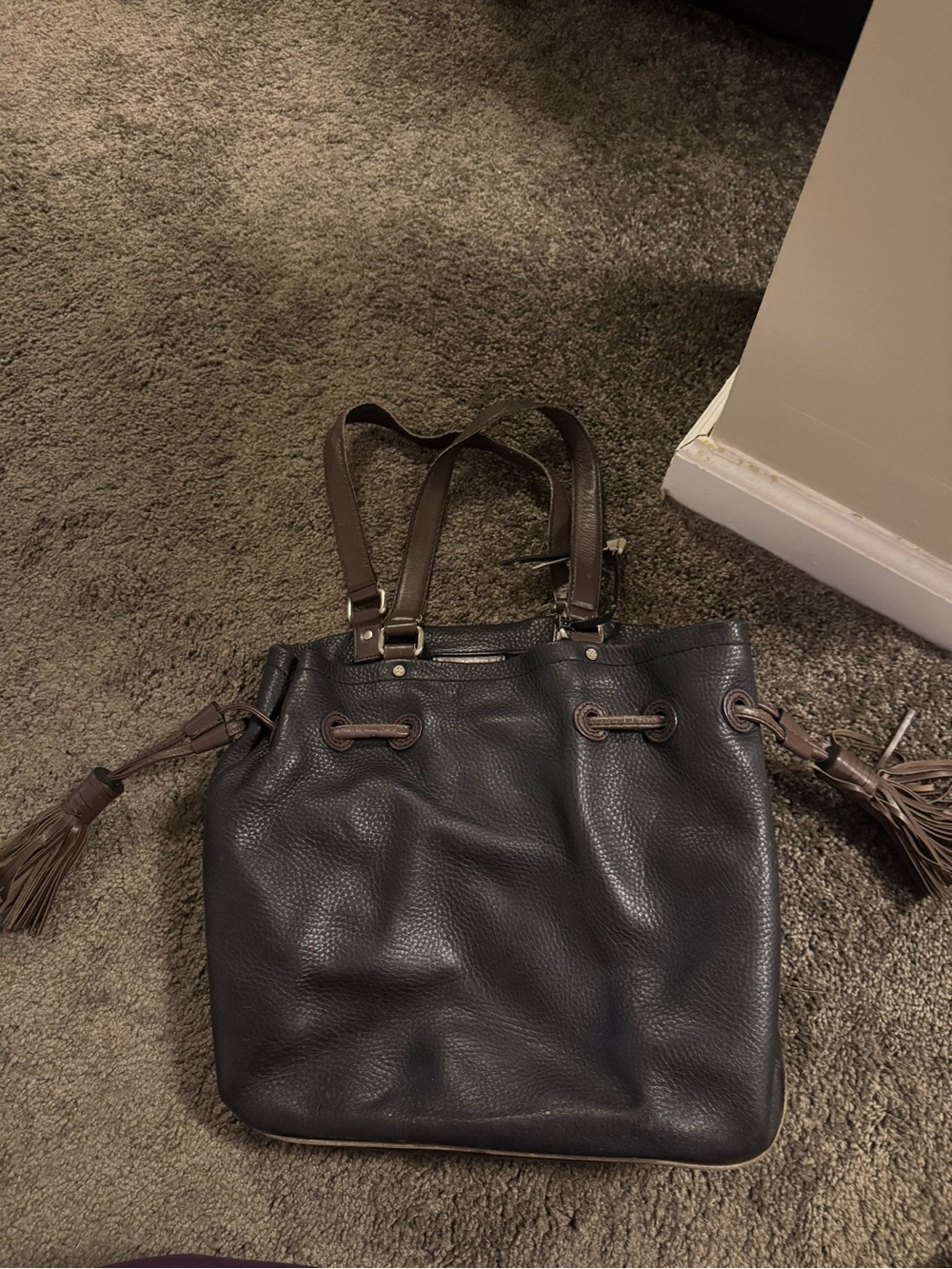 Cole Haan Black Pebbled Leather Drawstring Tote with Brown Accents